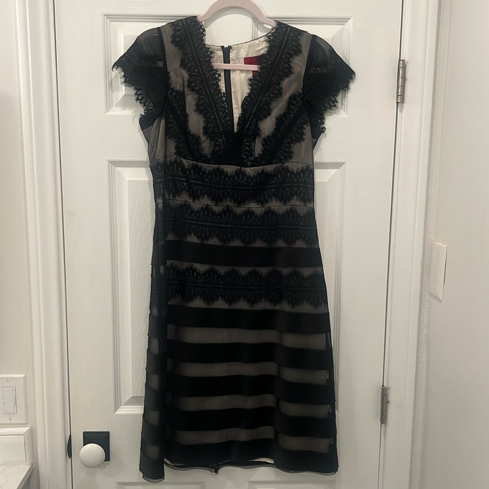 JS Collection cocktail dress. Only worn once. A-line/fitted waist, sheer sleeves